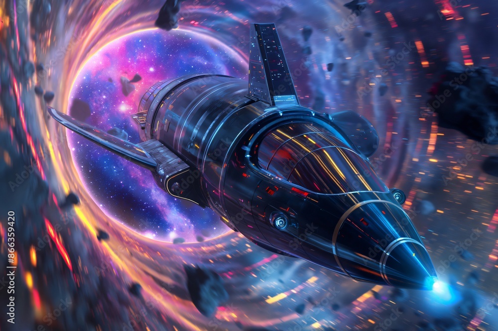 Aufkleber futuristic black and yellow spaceship is exploring a colorful wormhole in deep space, surrounded by 