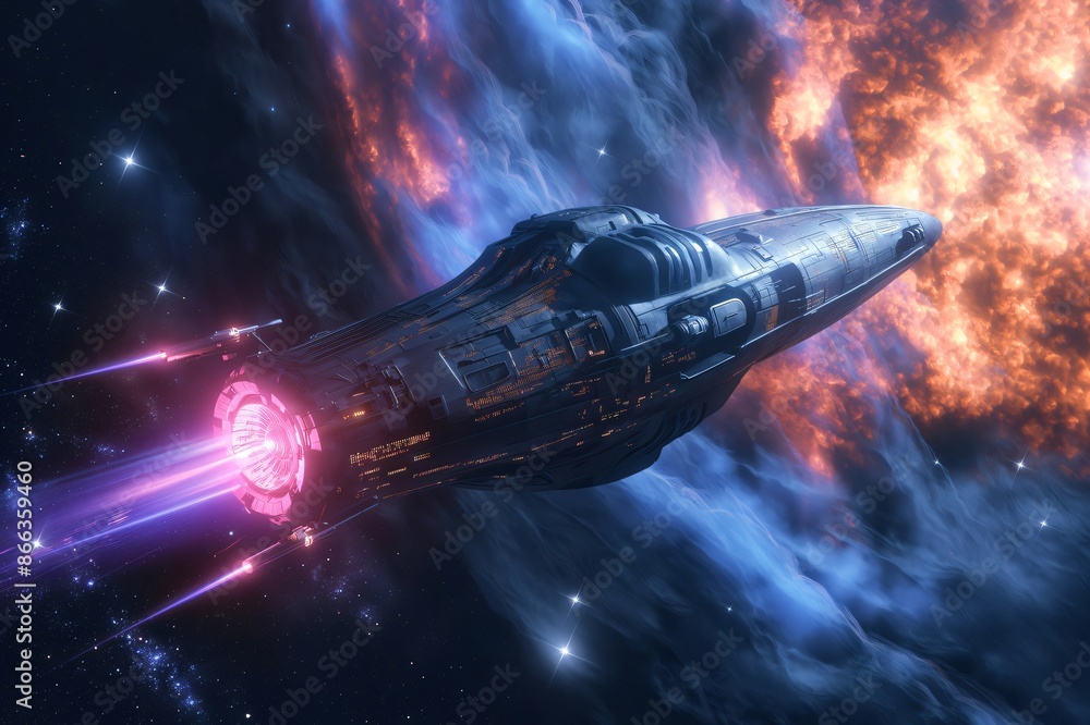 Aufkleber futuristic spaceship is using its powerful engines to travel through a wormhole in the vast expanse 