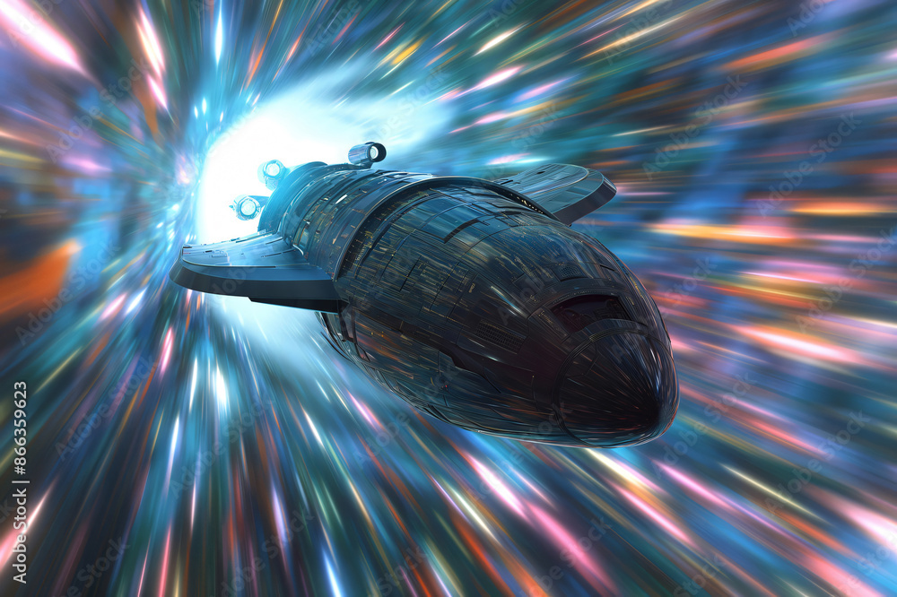 Aufkleber futuristic spaceship is traveling at the speed of light through a wormhole in deep space