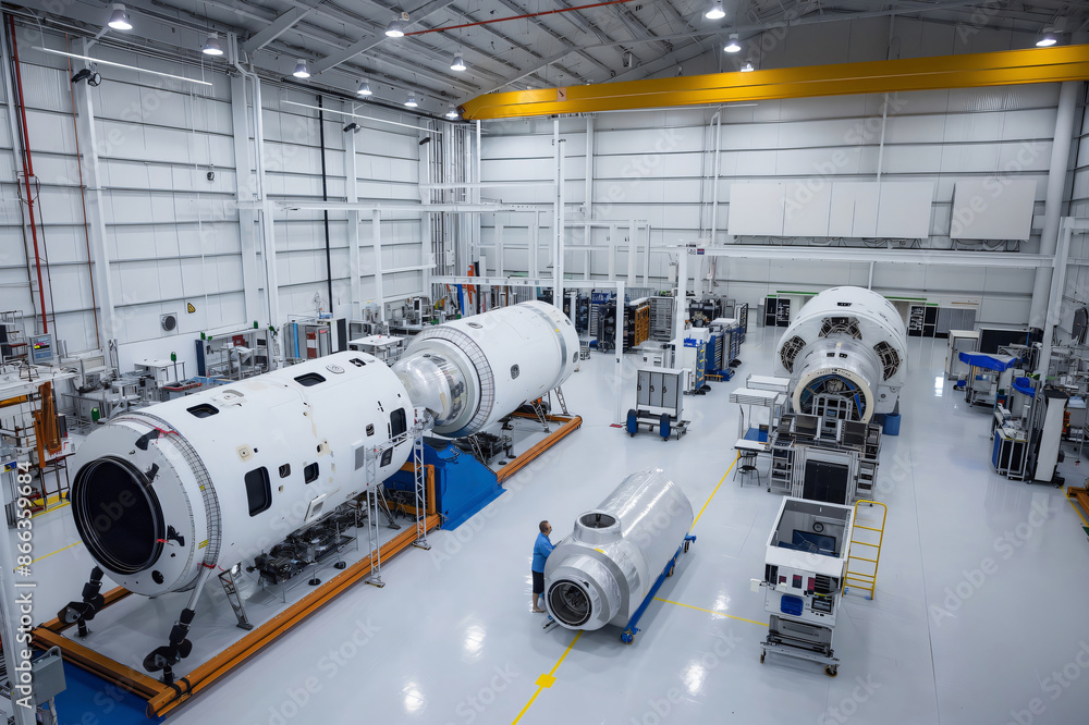 Poster large space factory manufacturing high tech components for spacecraft construction with an engineer 