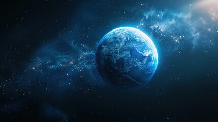 a blue planet in the middle of a galaxy