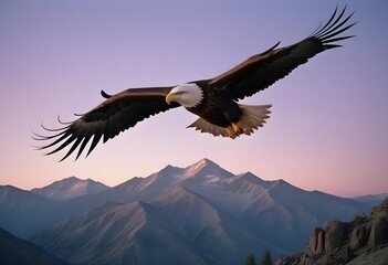 Fototapeta premium Majestic white head american eagle flying over mountains, clear blue sky with clouds, noon, 