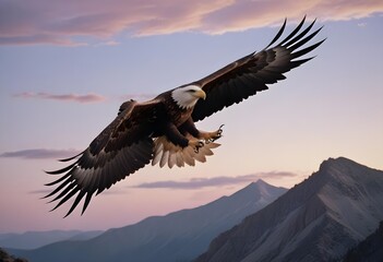 Fototapeta premium Majestic white head american eagle flying over mountains, clear blue sky with clouds, noon, 