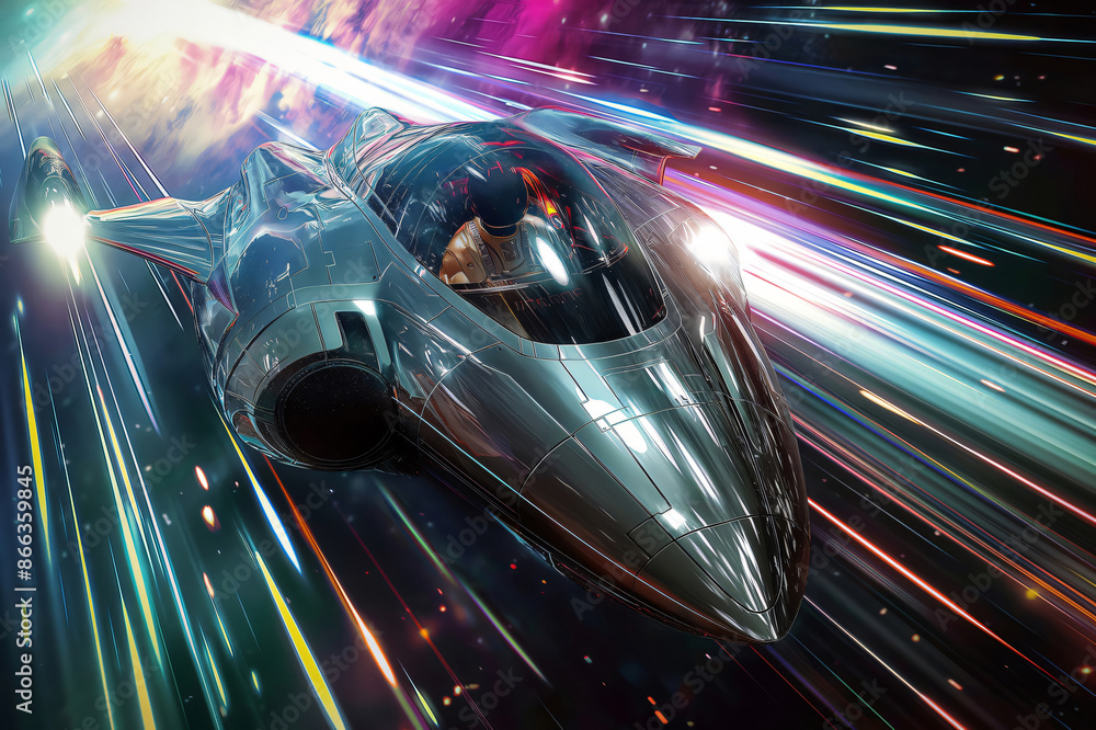 Poster futuristic spaceship is flying through space at the speed of light with a pilot inside