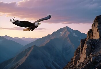 Naklejka premium Majestic white head american eagle flying over mountains, clear blue sky with clouds, noon, 