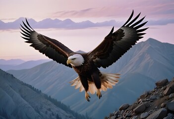 Obraz premium Majestic white head american eagle flying over mountains, clear blue sky with clouds, noon, 
