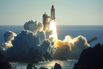 Space shuttle ascending over the ocean, leaving a trail of smoke and fire against a blue sky