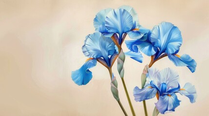 Iris flowers painted with oil paints on a beige background