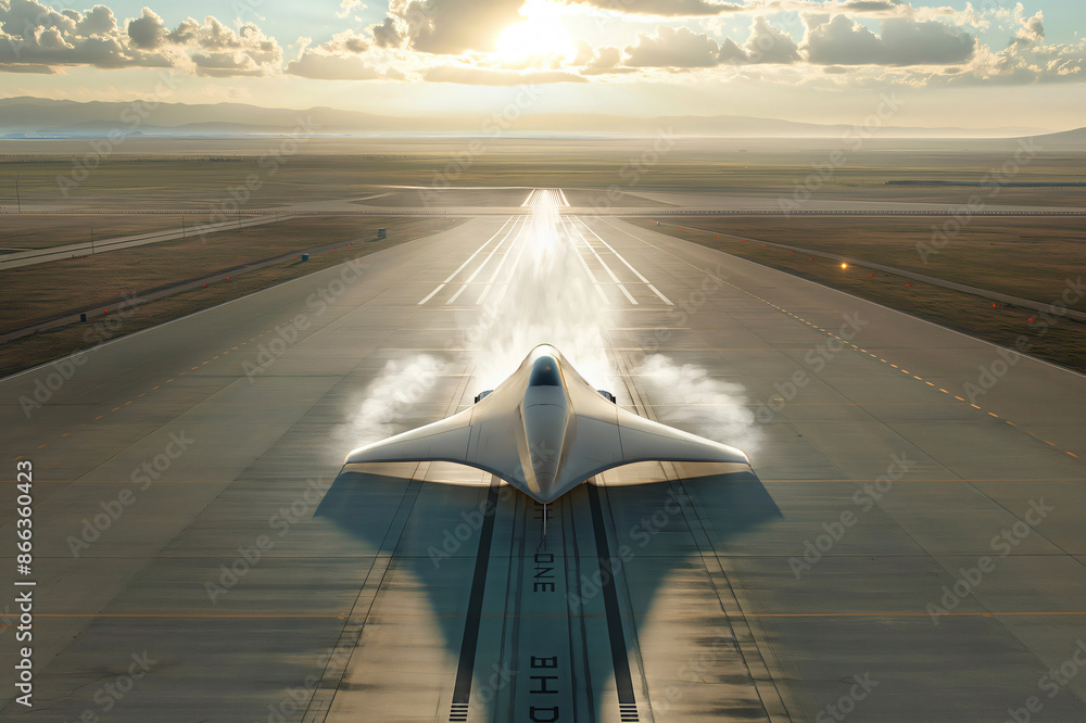 Poster reusable spacecraft is launching into space, creating a cloud of smoke behind it as it races down th