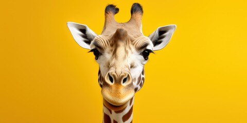 Curious Giraffe Portrait Against Yellow Background
