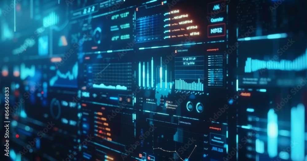 Poster abstract futuristic digital interface with glowing blue and orange data and charts
