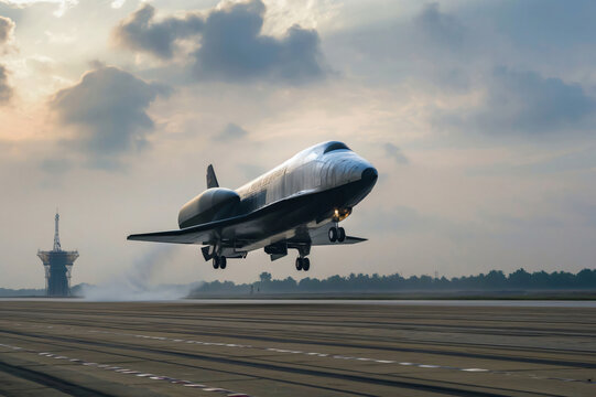 Reusable spacecraft is landing smoothly on the runway after a successful space mission