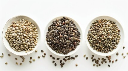 Hemp seeds arranged on a white background