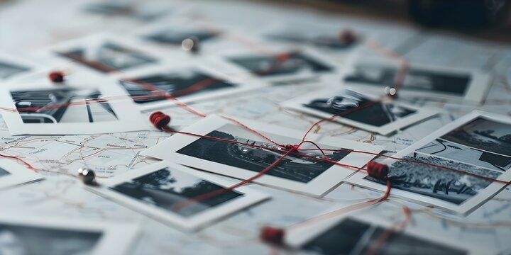 Detective board with photos map clues red thread solving mystery visually. Concept Mystery Board, Detective Clues, Visual Investigation, Red Thread Conspiracy, Solving The Case