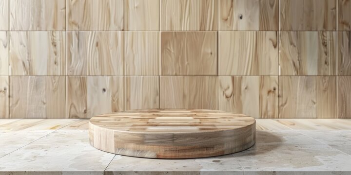 Kitchen background podium product display wall table empty 3d pedestal platform. Podium stand studio tile wood room background