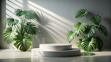 Obraz premium A stage podium with tropical palm leaves shadows and a monstera plant. Empty scene for a product show or mock up.