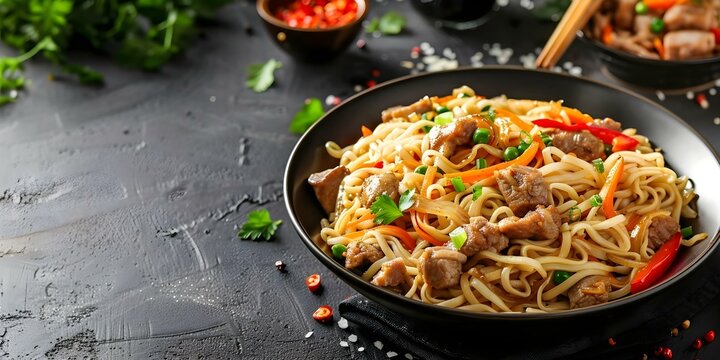 Traditional Filipino pancit canton with pork vegetables and festive decorations on table. Concept Pancit Canton Recipe, Filipino Cuisine, Festive Decorations, Traditional Dish, Pork and Vegetables