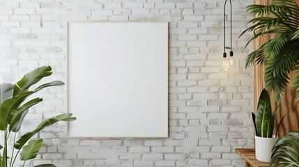 Modern interior design concept  blank canvas on white brick wall with plants and pendant light