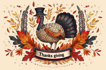 Illustration of a turkey wearing a pilgrim hat and standing on a banner that says thanks giving surrounded by autumn leaves