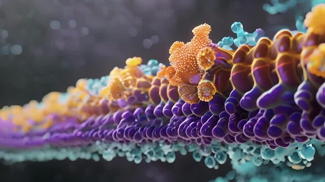 A side view of the cell membrane illustrating the parallel arrangement of phospholipid molecules and the presence of embedded proteins.