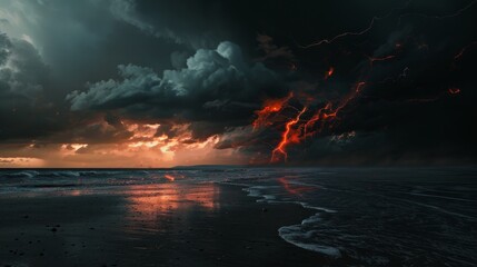Obraz premium Stormy beach scene with dark clouds and fiery lightning, realistic high quality image