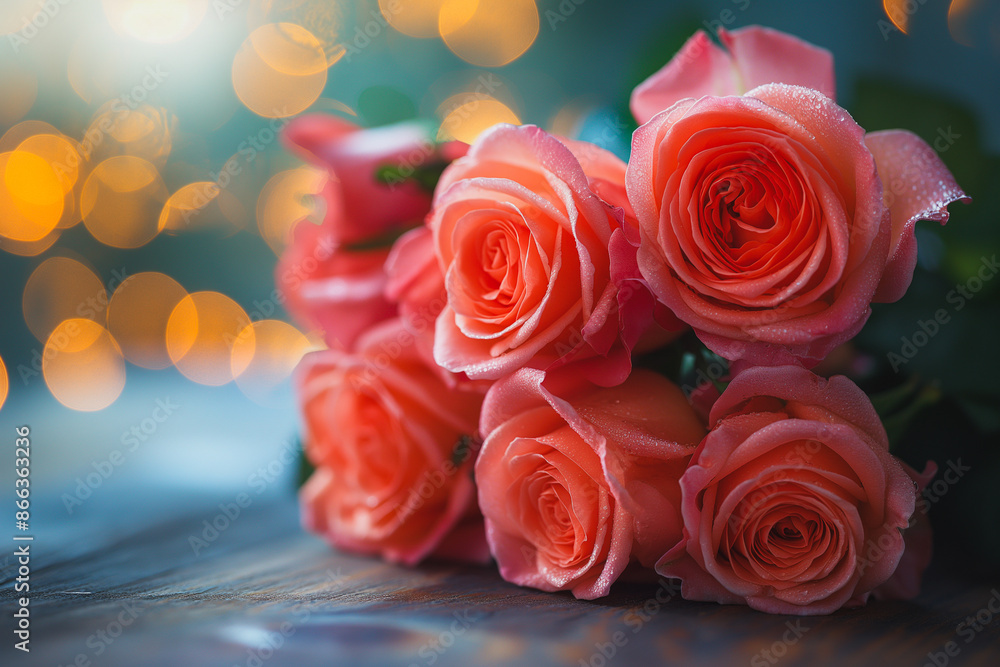 Poster a bouquet of pink roses is displayed on a wooden table. the roses are arranged in a way that they ar