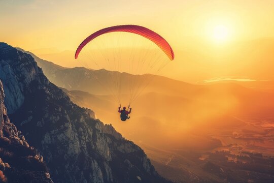 Sunset paragliding adventure  soaring over majestic mountains for thrilling freedom