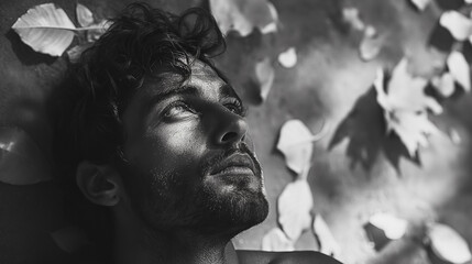 A man is laying on the ground with his head tilted back. He has a beard and is wearing a black shirt