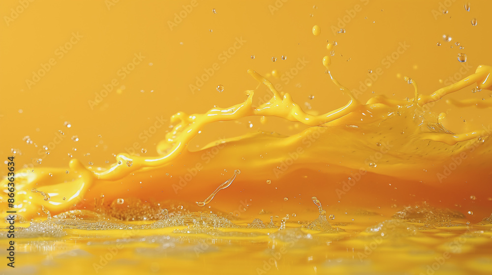 Poster a splash of yellow liquid is splashing out of a container. the splash is large and covers a signific