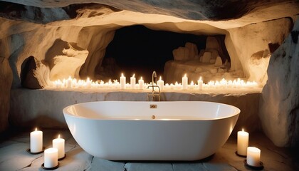 A luxury white bathtub in a cave illuminated by candles
