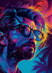 Handsome bearded man in sunglasses on summer beach party near gay night club.