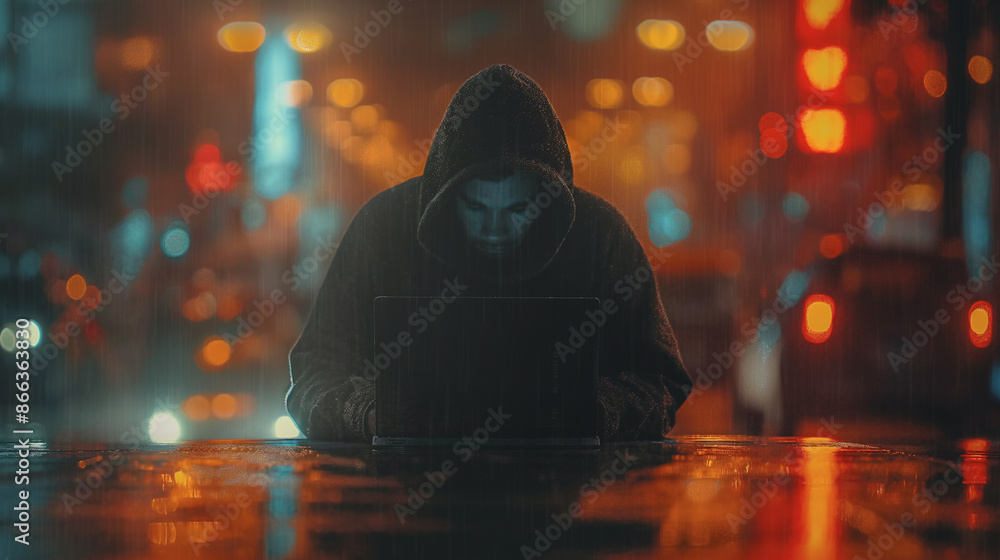 Poster a man is sitting at a table with a laptop, looking at the screen. the image has a moody and mysterio