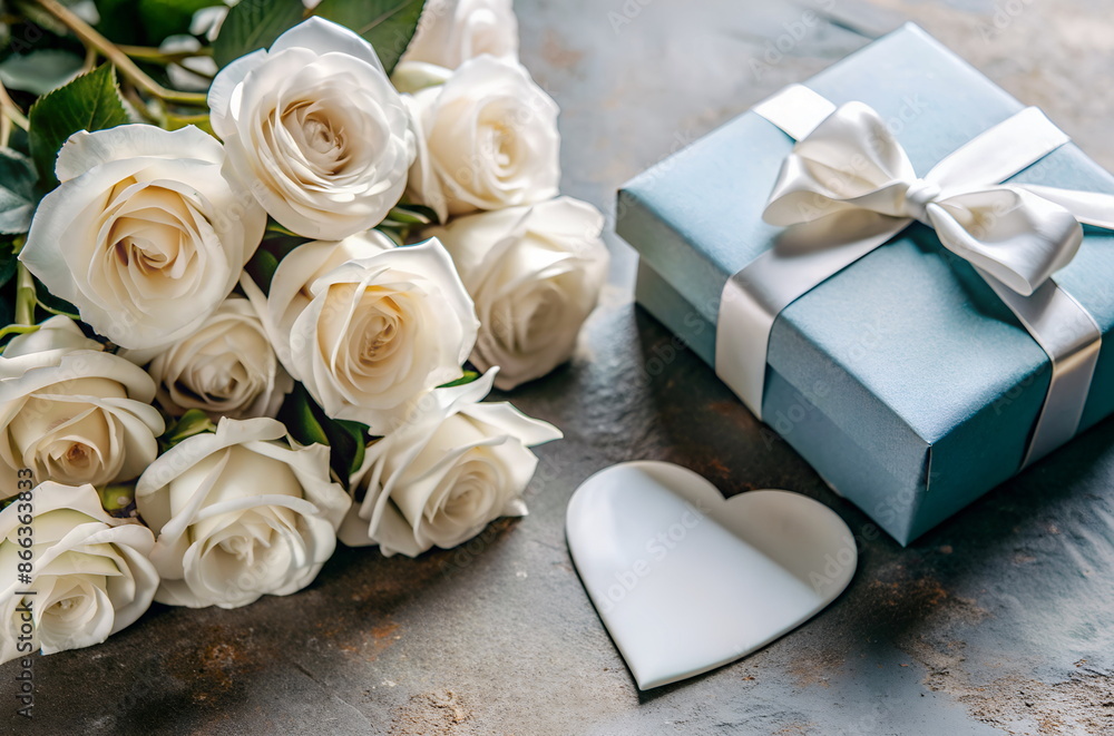 Wall mural Bouquet of white roses ,gift box and blank heart for text top view flatlay on grey textured background. Copy space. Holiday, Mother's day, birthday, wedding, valentine's day, greetings card.