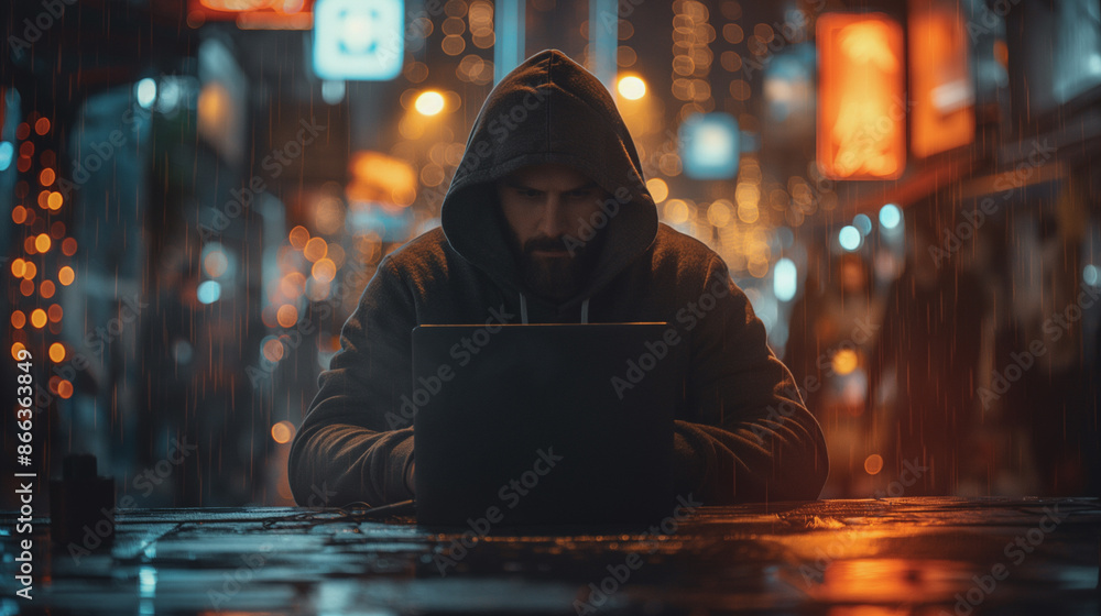 Poster a man is sitting at a table with a laptop in front of him. he is wearing a hoodie and he is focused 