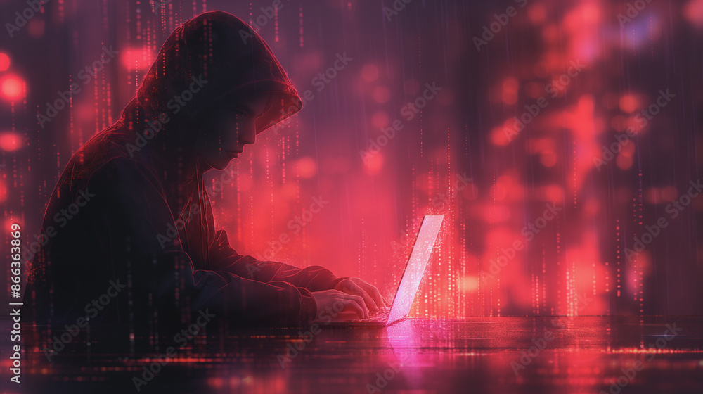 Aufkleber a man is sitting at a table with a laptop in front of him. the image has a dark and moody atmosphere