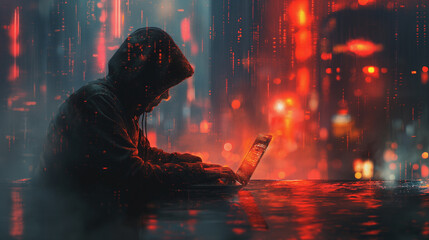 A man is sitting at a table with a laptop, looking at the screen. The image has a dark and moody atmosphere, with the man's hoodie and the red and orange lighting