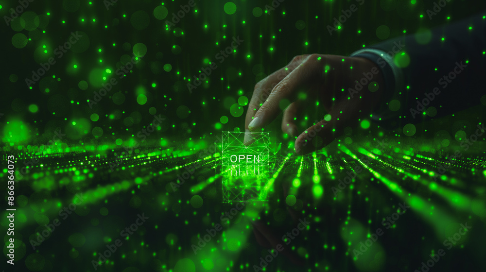 Poster a hand is pointing to a green screen with the word 