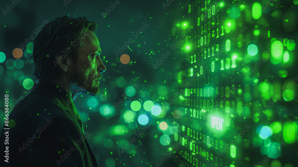 Poster A man is looking at a computer screen with a green background and the word 