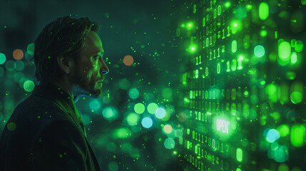 A man is looking at a computer screen with a green background and the word "open" in white. Concept of technology and the idea of progress or innovation