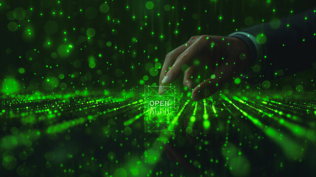 A hand is pointing to a green screen with the word "open" on it. The image has a futuristic and technological feel to it, with the green screen and the glowing hand. Scene is one of curiosity