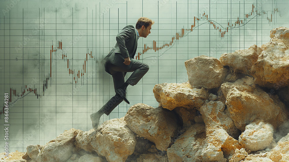 Poster a businessman in a suit running up a mountain with a stock graph in the background, signifying the r