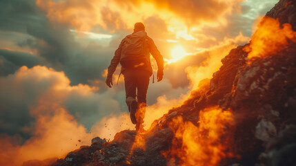 A man overcoming adversity by climbing over a boulder, signifying the effort and resilience required to overcome obstacles and reach the stairway of success