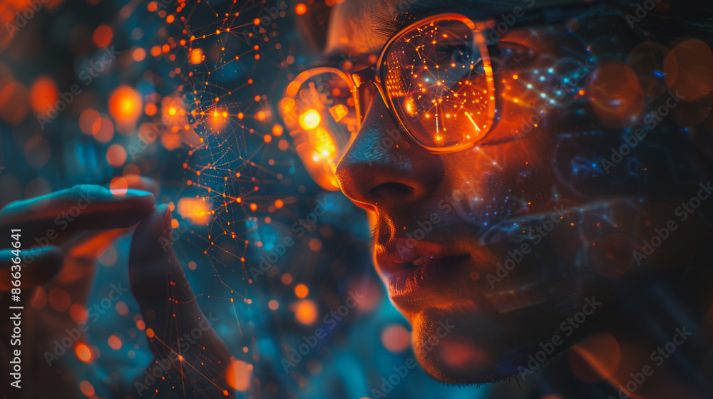 Aufkleber a man with glasses looking at a computer screen. the image is a digital representation of a person's