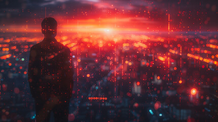 A man stands in the middle of a city at night, looking out over the skyline. The city is lit up with bright lights, creating a sense of energy and excitement. The man is lost in thought