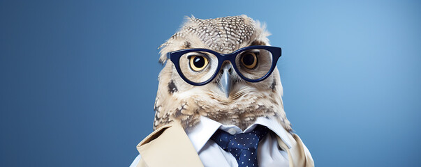 Owl Wearing Glasses and a Tie Against a Blue Background