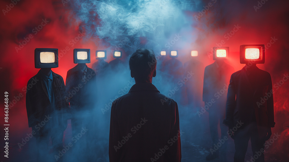 Poster a man stands in front of a group of people with tv heads on their shoulders. the image is a represen