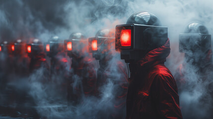 Obraz premium A group of people with TV heads on their shoulders. wearing red and black and black costumes with a red light on their heads. The scene is set in a foggy, mysterious atmosphere