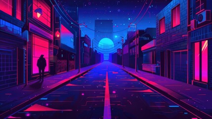 Landscape of a cyberpunk street at night with futuristic neon and ultraviolet light background