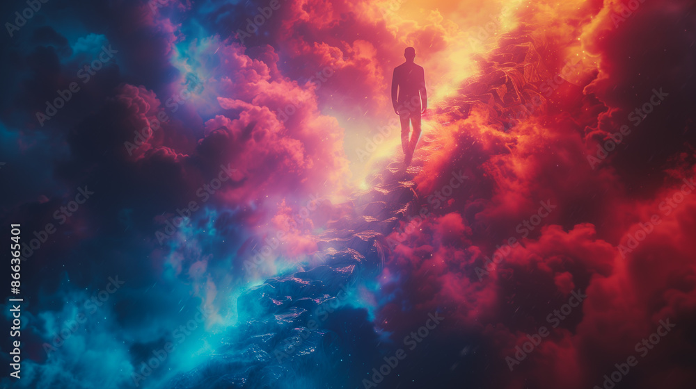 Poster a man is walking up a staircase in a colorful sky. the sky is filled with clouds of different colors