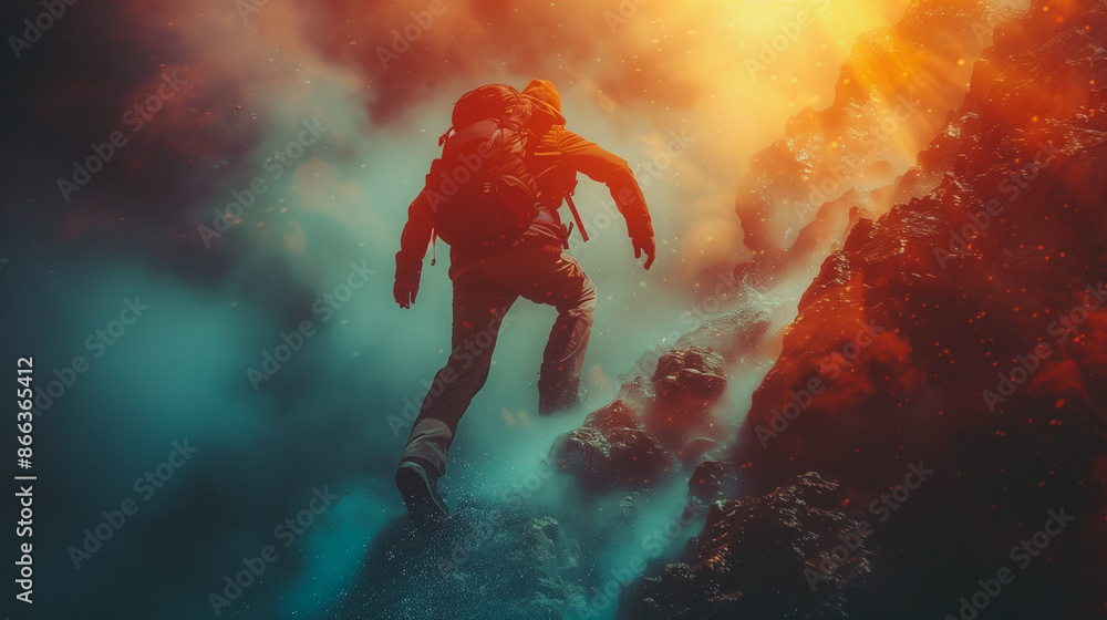 Poster a man is running up a mountain with a backpack. the scene is set in a colorful, surreal environment 